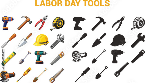 Labor Day tools collection colorful and black silhouettes of various work tools including drills hammers saws shovels and more, Happy labor day design concept