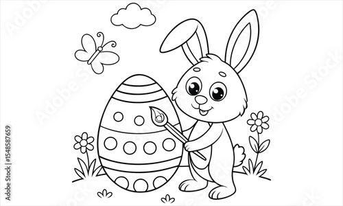 Adorable easter bunny painting an egg coloring page illustration isolated on white background