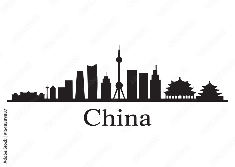 Fototapeta premium Silhouette of China Skyline with Famous Landmarks and Buildings, a Vector Illustration of Urban Landscape and Cultural Heritage of China