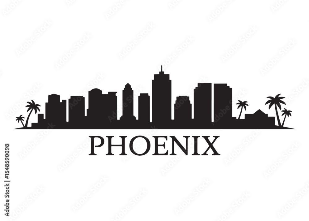 Obraz premium Phoenix Arizona Skyline Silhouette with Palm Trees A Captivating Black and White Illustration of the Cityscape and Natural Beauty