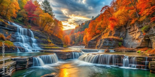 Fototapeta Naklejka Na Ścianę i Meble -  Majestic autumn waterfall cascades through vibrant foliage creating a stunning nature scene perfect for fall backgrounds and desktop wallpapers