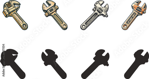 Adjustable wrenches in color and silhouette variations tool collection repair maintenance, Happy labor day design concept