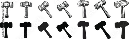 Collection of hand drawn sledgehammers various angles and silhouettes, Happy labor day design concept