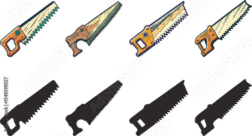 Hand saws collection various angles color and monochrome illustrations, Happy labor day design concept