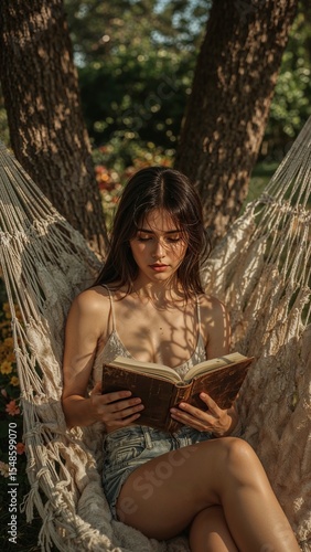 Wallpaper Mural A woman with dark hair reading a book while relaxing in a hammock strung between two trees outdoors Torontodigital.ca