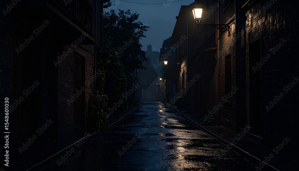 Obraz premium Mysterious Dark Alleyway at Night, Rain-Kissed Cobblestone Street