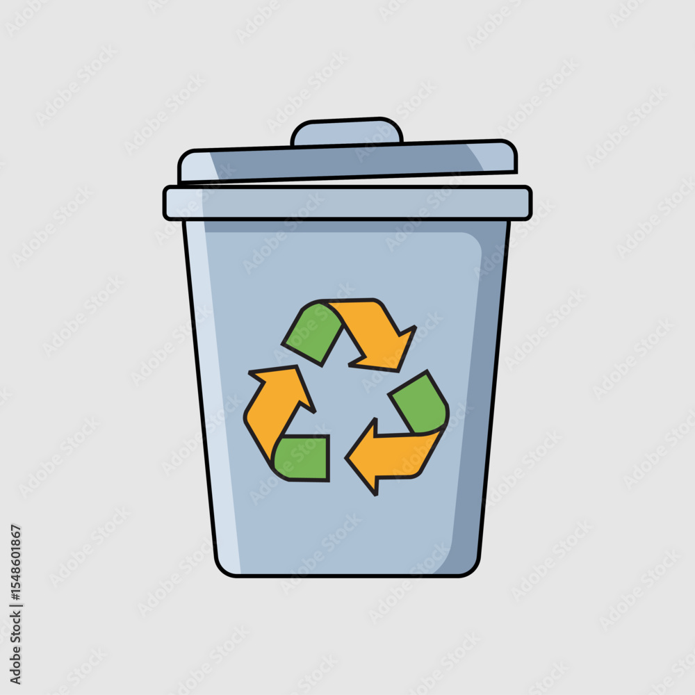 A light blue trash can with a lid and a prominent green and orange recycling symbol. Ideal for waste sorting, sustainability, and environmental themes. A light blue trash can with a lid and a prominent green and orange recycling symbol. Ideal for waste sorting, sustainability, and environmental themes.