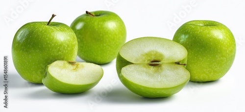 green apples with cut slices on white background
