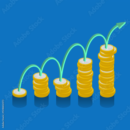 Infográfico de barras ilustrado com pilhas de moedas -Crescimento Financeiro