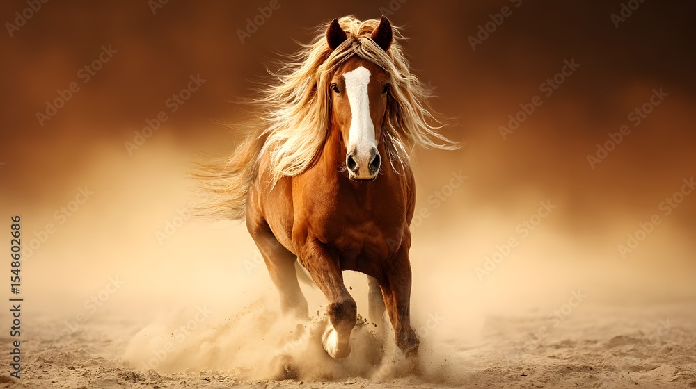 Obraz premium Majestic horse galloping across the desert, mane flowing in the wind. Freedom and power in motion.