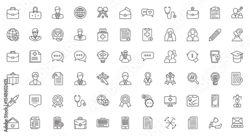 Collection of simple line art icons representing various business and healthcare related concepts.