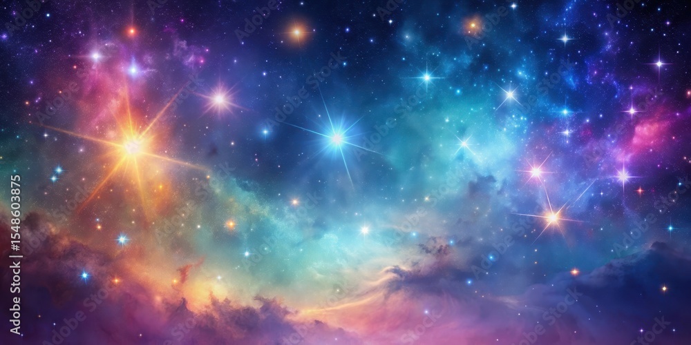 Fototapeta premium Soft pastel hues illuminate a celestial canvas with twinkling stars and vibrant nebulae against a deep space backdrop