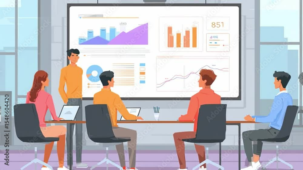 Professional Team Collaboration in Modern Office with Data Presentation on Large Screen Professional Team Collaboration in Modern Office with Data Presentation on Large Screen