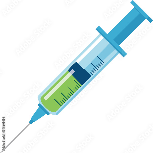 Flat design of a syringe with clear barrel and green plunger, isolated on white