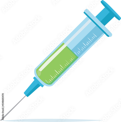 Flat design of a syringe with clear barrel and green plunger, isolated on white