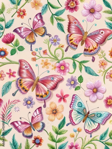 Colorful floral embroidery seamless patterns with embroidered butterflies on a soft pink background