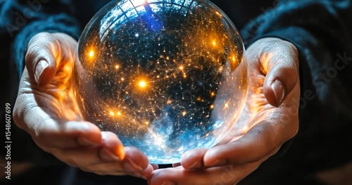 Hands holding a glowing crystal ball filled with stars.
