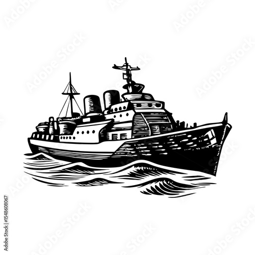 A vintage style illustration showing a navy ship