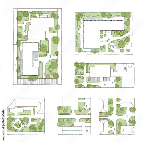 Architectural drawings in minimal style, including top-view elements of people in outdoor park scenes for landscape and site planning..