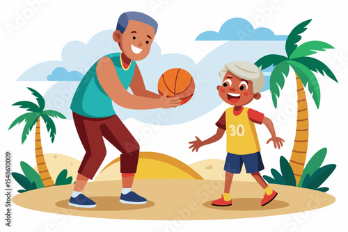 Cartoon illustration of a cheerful grandfather and grandson happily talking and bonding over a basketball. Family love, generation connection