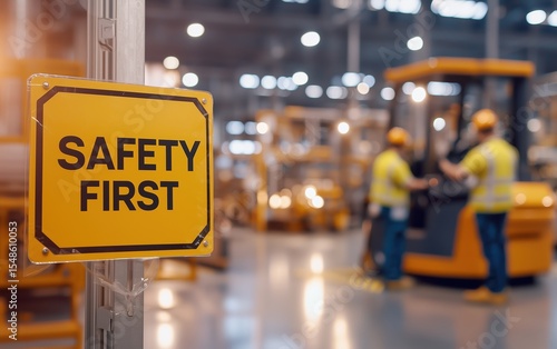 Safety First sign in a factory with blurred workers in the background