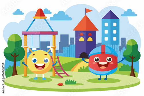 Cartoon illustration of a cheerful grandfather and grandson happily talking and bonding over a basketball. Family love, generation connection
