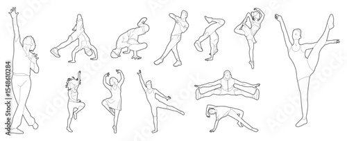 Set of dance shapes of people dancing in lines with varying thicknesses in editable vector cad