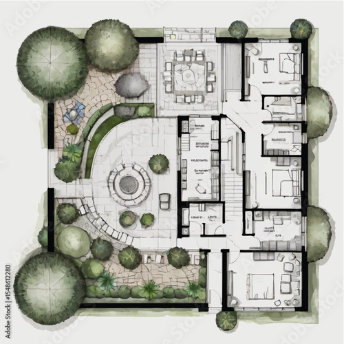Architectural drawings in minimal style, including top-view elements of people in outdoor park scenes for landscape and site planning.