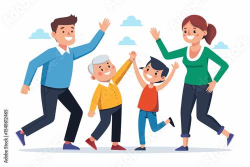 Cartoon illustration of a cheerful grandfather and grandson happily talking and bonding over a basketball. Family love, generation connection
