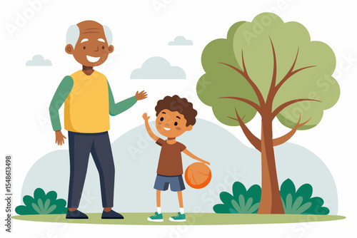 Cartoon illustration of a cheerful grandfather and grandson happily talking and bonding over a basketball. Family love, generation connection