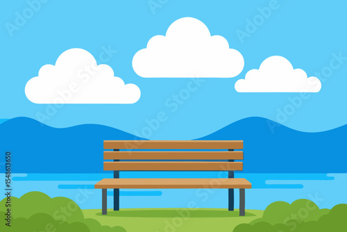A solitary bench overlooks a sunny beach with a blue sky and fluffy clouds, perfect for a summer day in nature