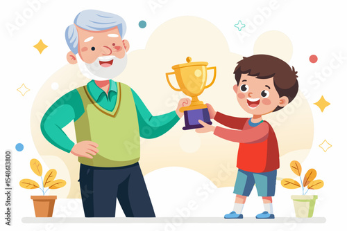 Cartoon illustration of a cheerful grandfather and grandson happily talking and bonding over a basketball. Family love, generation connection