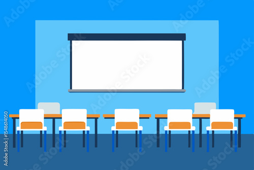 Empty classroom or conference room interior with chairs, tables, and a large flat-screen display on the wall