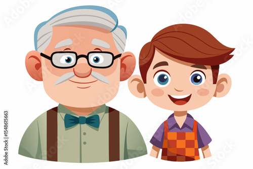 Cartoon illustration of a cheerful grandfather and grandson happily talking and bonding over a basketball. Family love, generation connection
