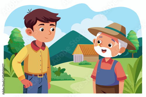 Cartoon illustration of a cheerful grandfather and grandson happily talking and bonding over a basketball. Family love, generation connection