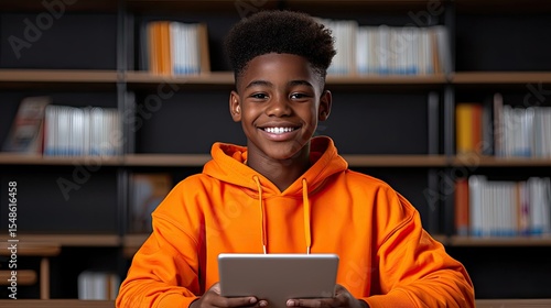 Smiling African American Boy Using Tablet in Library