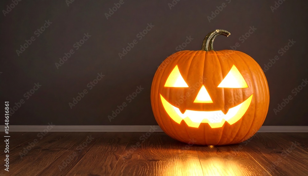 Obraz premium Glowing Jackolantern on wood floor with Halloween season background with copy space.