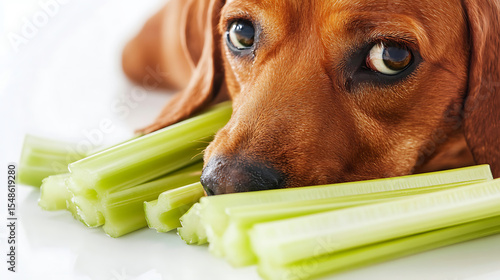 Wallpaper Mural Closeup of a Brown Dachshund Dog Eating Celery Stalks on White Background Torontodigital.ca