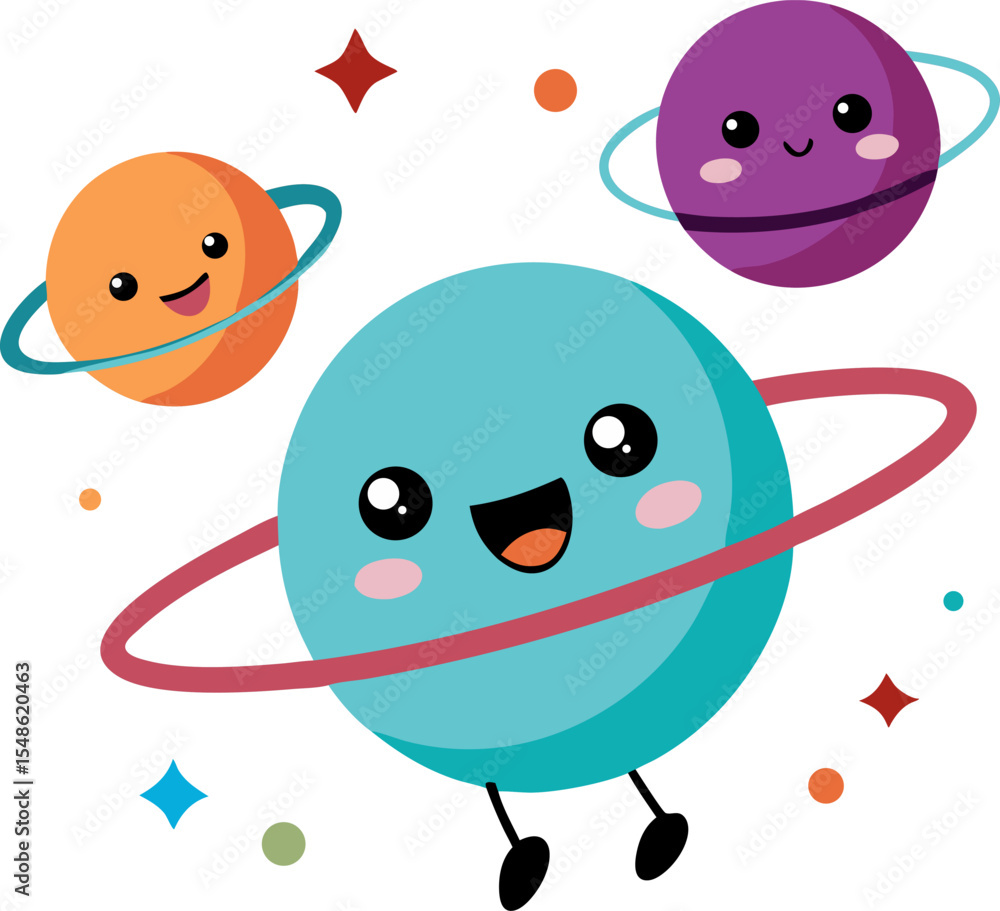 Fototapeta premium Cartoon planets with expressive faces in a cosmic dance, vector design with white background.