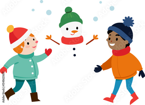 Kids having a snowball fight with snowman friends, flat vector style with white background.