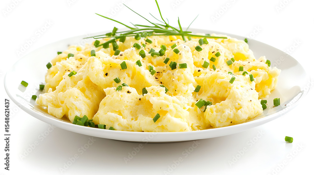 Creamy Scrambled Eggs with Fresh Chives on a White Plate Creamy Scrambled Eggs with Fresh Chives on a White Plate