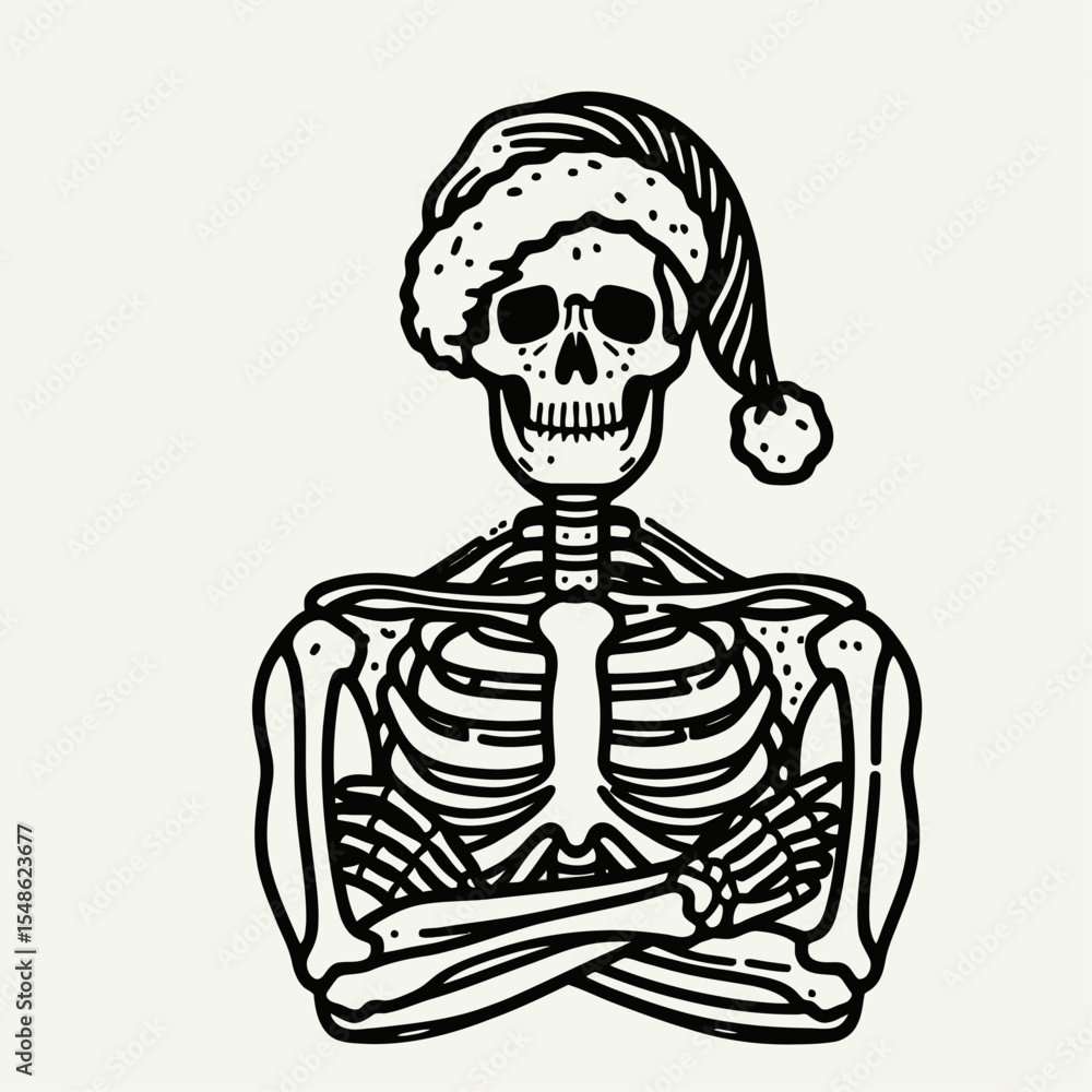 Fototapeta premium Skeleton wear santa hat crossing arms with a confident pose. Christmas Xmas Holiday Winter New Year Claus Clipart Line Art Vector Illustration. Bony figure in cap folded assured stance.