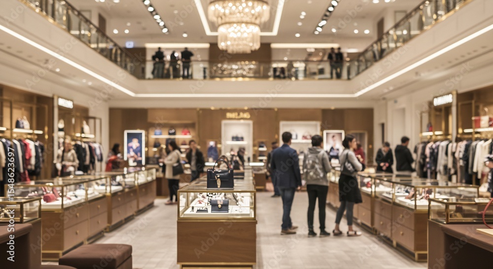 Luxurious High-End Fashion Boutique Interior with Display Cases and Shoppers Luxurious High-End Fashion Boutique Interior with Display Cases and Shoppers