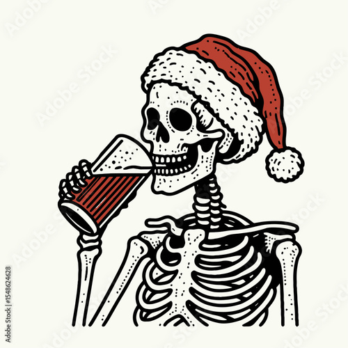  Skeleton wear santa hat drink beer. Christmas Xmas Holiday Winter New Year Claus Clipart Line Art Vector Illustration. Bony figure don cap sip ale beverage.