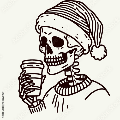  Skeleton wear santa hat drink coffee. Christmas Xmas Holiday Winter New Year Claus Clipart Line Art Vector Illustration. Bony figure don yuletide headgear sip java celebration concept.