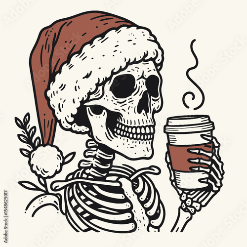  Skeleton wear santa hat drink coffee. Christmas Xmas Holiday Winter New Year Claus Clipart Line Art Vector Illustration. Boney figure don festive headgear sip hot beverage in bone chilling.