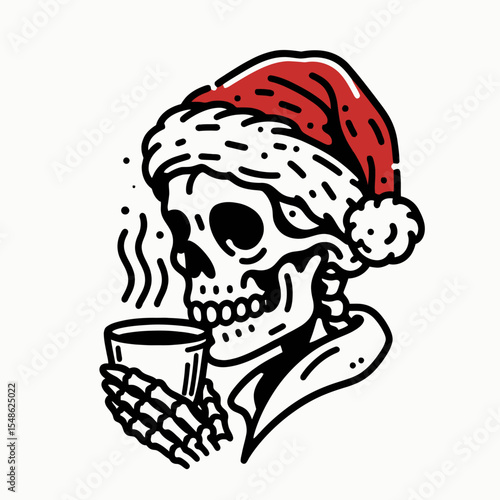  Skeleton wear santa hat drink coffee. Christmas Xmas Holiday Winter New Year Claus Clipart Line Art Vector Illustration. Bony figure don cap sip java. comical dead enjoy beverage.