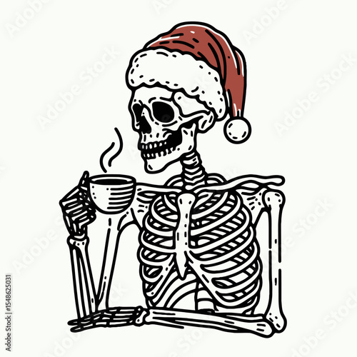  Skeleton wear santa hat drink coffee. Christmas Xmas Holiday Winter New Year Claus Clipart Line Art Vector Illustration. Bony figure with festive headgear sip warm beverage during season.