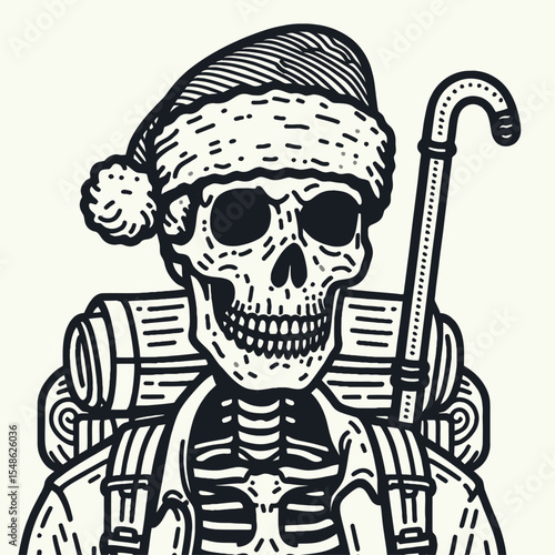  Skeleton wear santa hat Hiking. Christmas Xmas Holiday Winter New Year Claus Clipart Line Art Vector Illustration. Bony figure sport cap climb outdoor trek adventure.