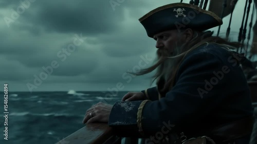 Stormy sea and the weathered pirate captain on deck of an old ship in dramatic lighting